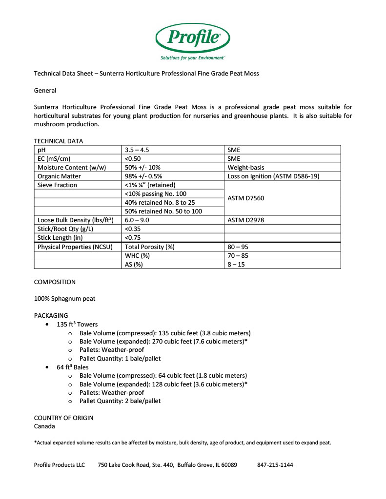 A technical data sheet for Sunterra Horticulture Professional Fine Grade Peat Moss showing product specifications, packaging info, and manufacturer contact details on a white background.