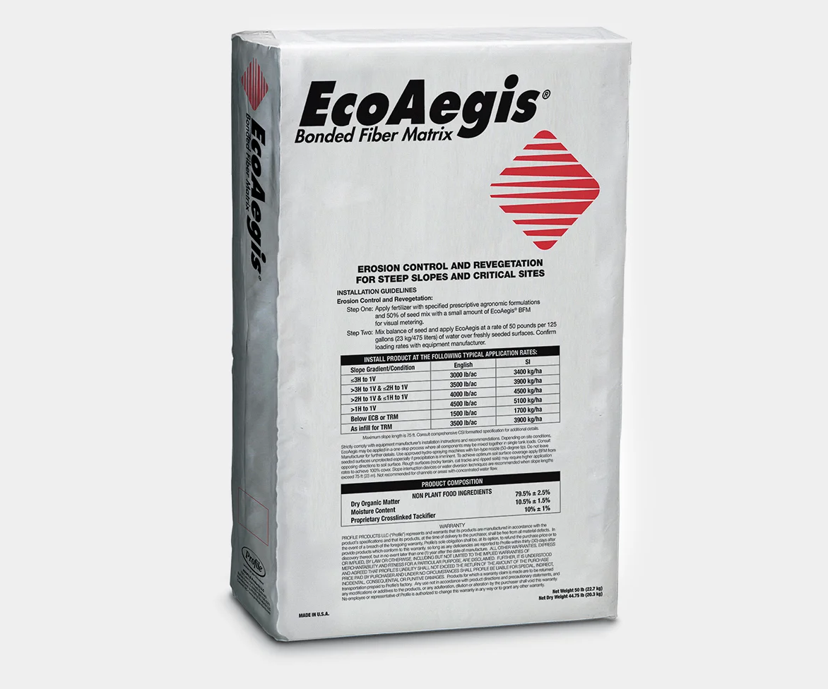 A white bag labeled EcoAegis Bonded Fiber Matrix with product information, a red diagonal stripe graphic, and a detailed chart in black text on the front.