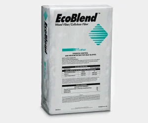 EcoBlend wood fiber/cellulose fiber product bag for erosion control and revegetation on mild slopes. White 50 lb (22.7 kg) package with EcoBlend branding, teal logo, “With TriFlo!” graphic, installation guidelines, application rate table, product composition information, and “Made in U.S.A.” printed on the front.