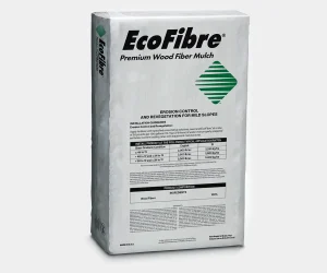 White bag of EcoFibre Premium Wood Fiber Mulch with the EcoFibre logo and green striped diamond graphic on the front. The packaging includes installation guidelines for erosion control and revegetation on mild slopes, an application rate table, product composition listing 100% wood fibers, and indicates a net weight of 50 lb (22.7 kg).