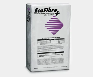 EcoFibre+ Premium Wood Fiber Mulch Plus Tackifier product bag with a white package featuring a purple logo. Visible text includes the product name, application rate guidelines, product composition (97% thermally processed wood fibers, 3% tackifying agents), "Made in U.S.A.," and net weight of 50 lb (22.7 kg).