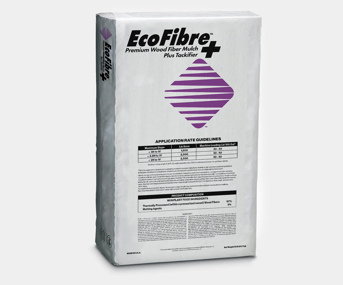 EcoFibre+ Premium Wood Fiber Mulch Plus Tackifier product bag with a white package featuring a purple logo. Visible text includes the product name, application rate guidelines, product composition (97% thermally processed wood fibers, 3% tackifying agents), "Made in U.S.A.," and net weight of 50 lb (22.7 kg).