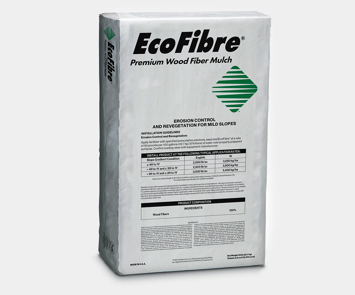 White bag of EcoFibre Premium Wood Fiber Mulch with the EcoFibre logo and green striped diamond graphic on the front. The packaging includes installation guidelines for erosion control and revegetation on mild slopes, an application rate table, product composition listing 100% wood fibers, and indicates a net weight of 50 lb (22.7 kg).