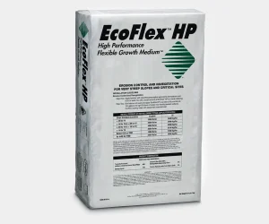 A white bag labeled EcoFlex HP High Performance Flexible Growth Medium with text and tables about erosion control and revegetation, standing upright against a plain background.
