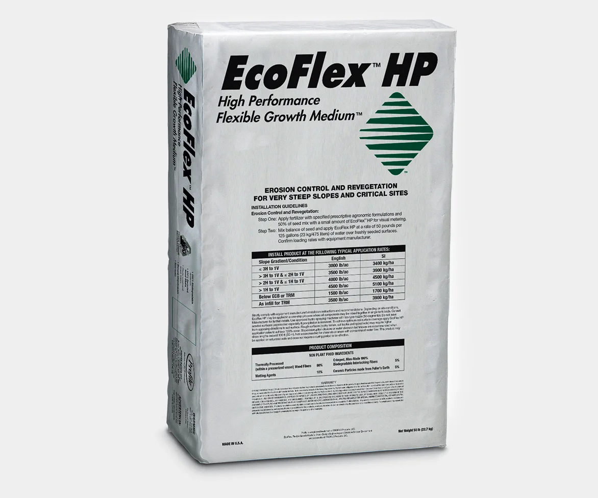 A white bag labeled EcoFlex HP High Performance Flexible Growth Medium with text and tables about erosion control and revegetation, standing upright against a plain background.