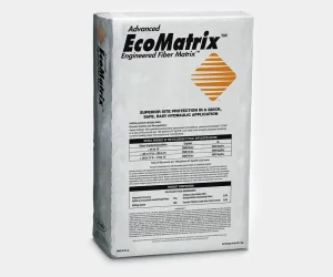White bag of Advanced EcoMatrix Engineered Fiber Matrix with a gold logo and printed product information, including installation guidelines, application rates, product composition, and warranty details. Net weight: 50 lb (22.7 kg). Made in U.S.A.