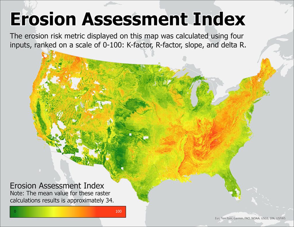 Map of the U.S. showing erosion risk on a 0–100 scale; green indicates low risk and red indicates high risk. Risks are higher in the Midwest and Southeast, with lower risks in the West and Northeast.