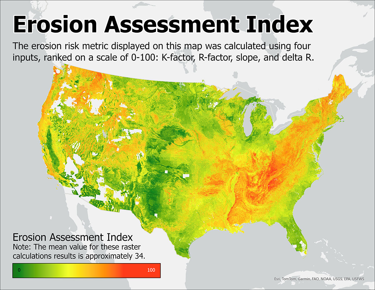 Map of the U.S. showing erosion risk on a 0–100 scale; green indicates low risk and red indicates high risk. Risks are higher in the Midwest and Southeast, with lower risks in the West and Northeast.