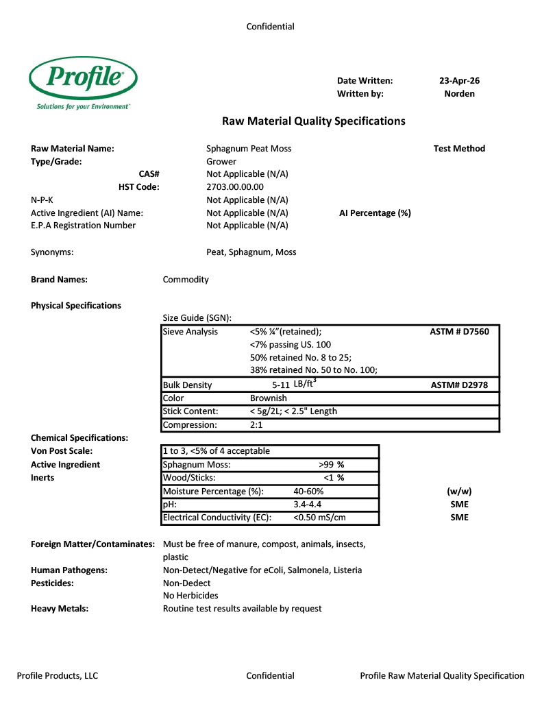 A document titled Raw Material Quality Specifications for Sphagnum Peat Moss, showing test methods, chemical data, physical properties, foreign matter criteria, and date info for Profile Products, LLC, dated 23-Apr-26.