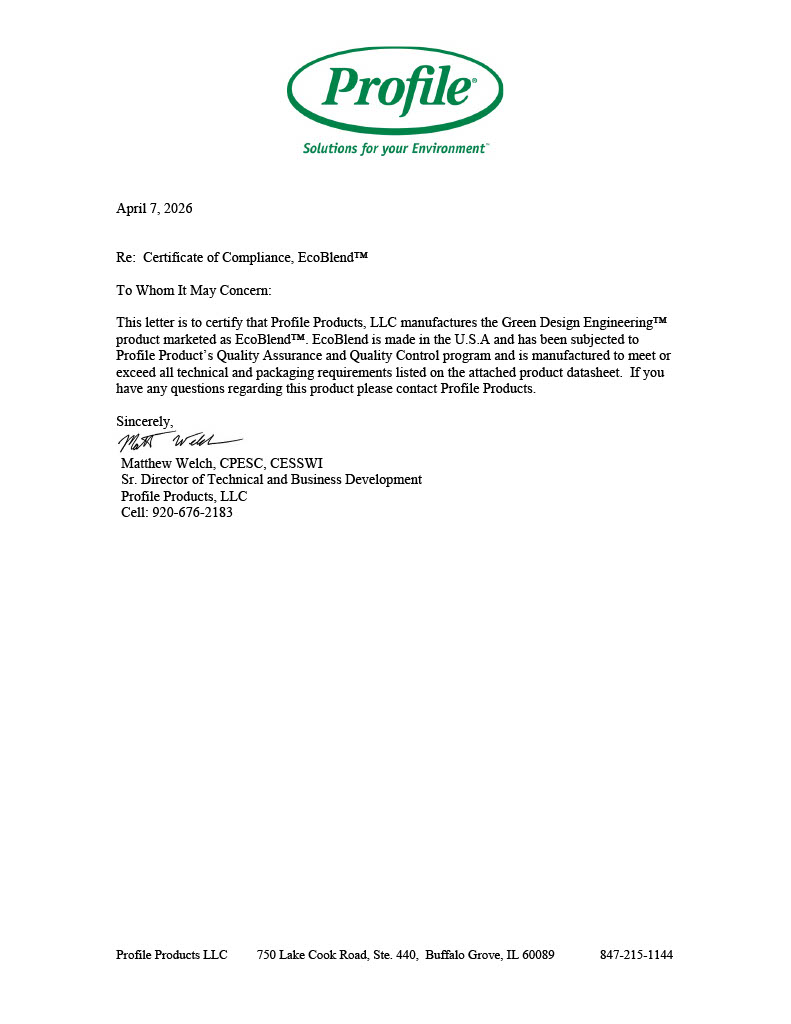 The first page of the ​​​​​​Certificate of Compliance - EcoBlend PDF.