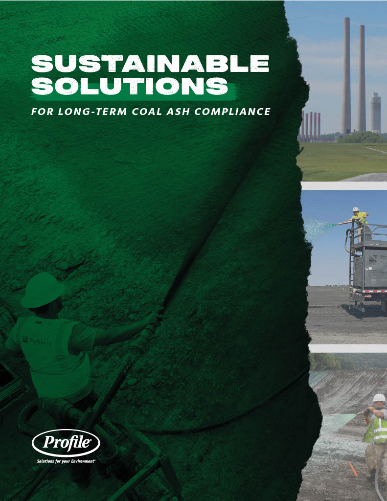Cover with Sustainable Solutions for Long-Term Coal Ash Compliance text, images of industrial smokestacks, workers spraying substance from a truck, and close-up of green material being sprayed on ground. Profile logo at bottom.