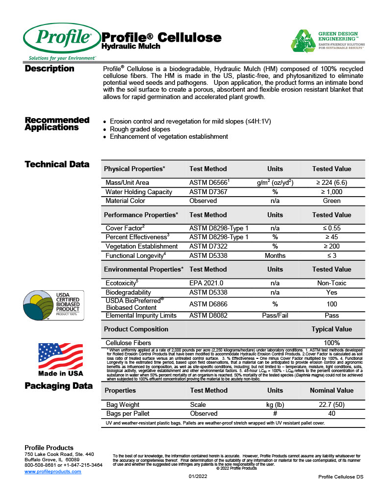 A product sheet for Profile Cellulose Hydraulic Mulch, featuring description, technical data, recommended uses, packaging details, and certifications, with company logo, contact info, and a small illustration of mulch application.