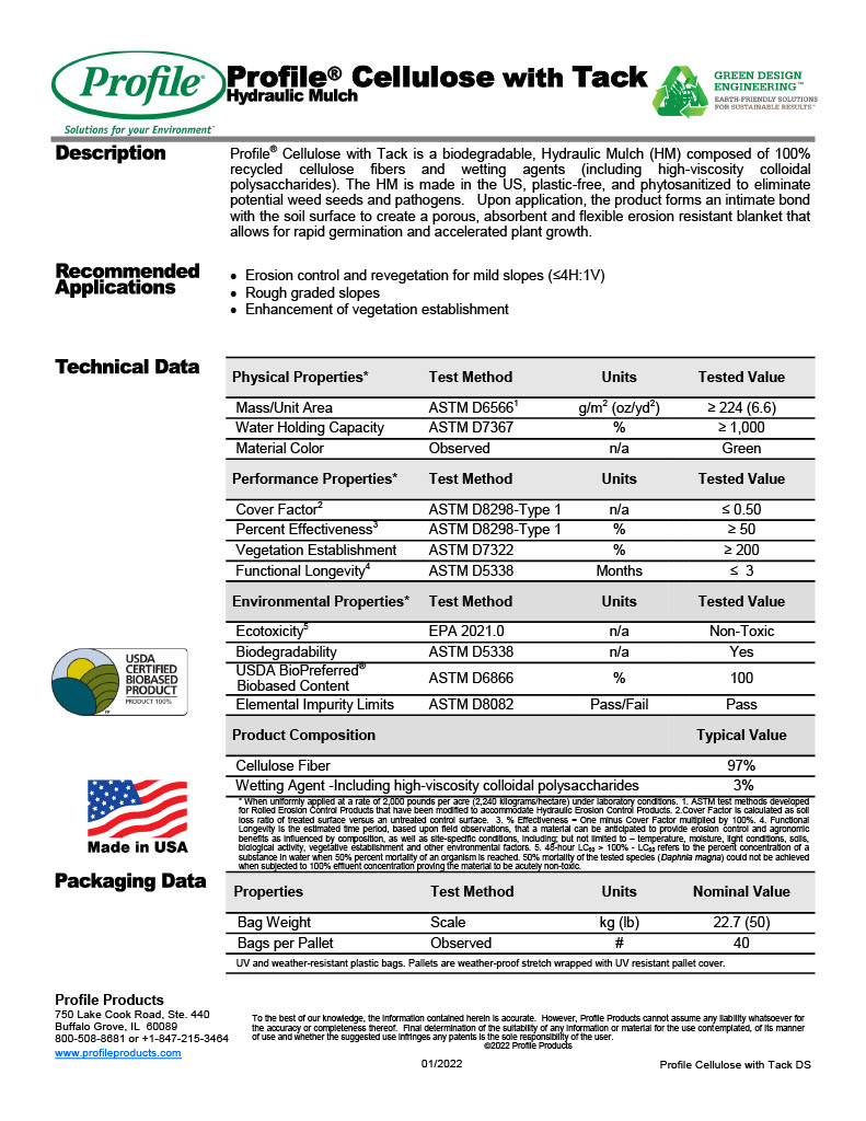A technical datasheet for Profile® Cellulose with Tack, a hydraulic mulch product. It shows product description, recommended applications, technical data, packaging, and manufacturer contact information.