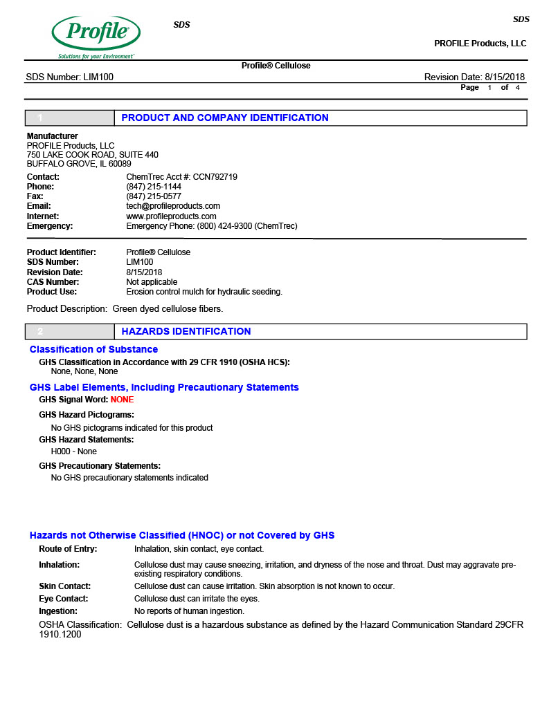 A safety data sheet (SDS) for Profile Cellulose with company information, hazards identification, classification, GHS label elements, and emergency contact details on a white page with green and black text.