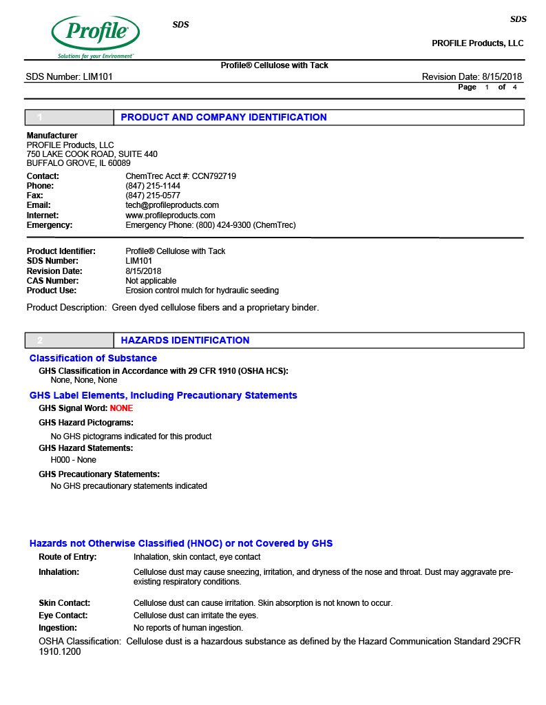 Safety data sheet for Profile® Cellulose with Tack, listing company info, hazards identification, and classification of the substance, with highlighted section headers and text in blue and black on a white page.