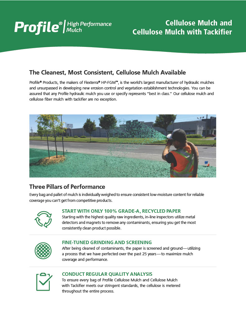 A green and white flyer for Profile Cellulose Mulch, highlighting its performance, recycled content, and strict quality analysis. Includes product description, pillars of performance, and a field image.