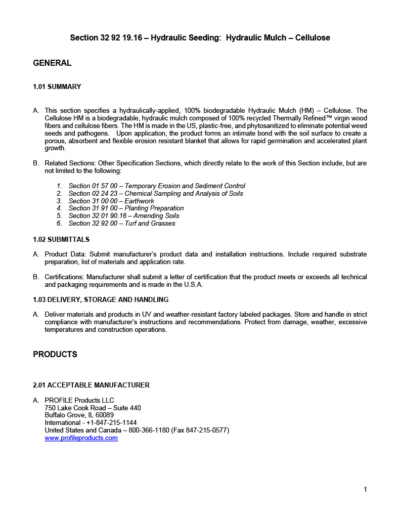A page of a technical document titled Section 32 92 19.16 – Hydraulic Seeding: Hydraulic Mulch – Cellulose with text about specifications, submittals, procedures, and manufacturer info.