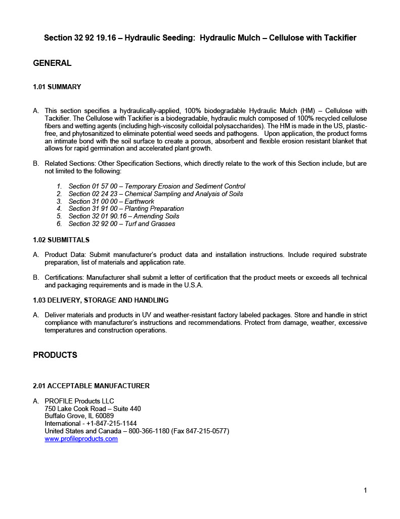 A document outlining specifications for hydraulic seeding with cellulose-based mulch and tackifier, including summary, submittals, quality assurance, references, products, and acceptable manufacturer details.