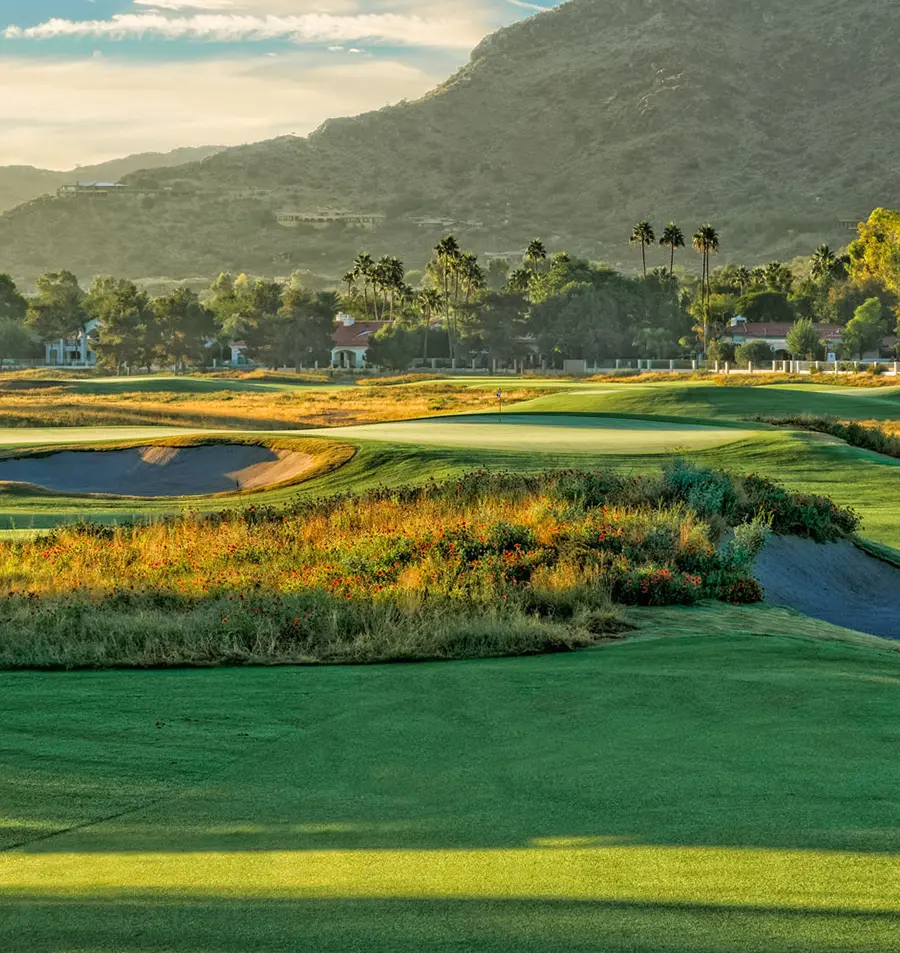 A well-manicured golf course with sand bunkers, wildflowers, and palm trees—carefully maintained through effective water and soil management—set against a backdrop of mountains under a partly cloudy sky at sunset.