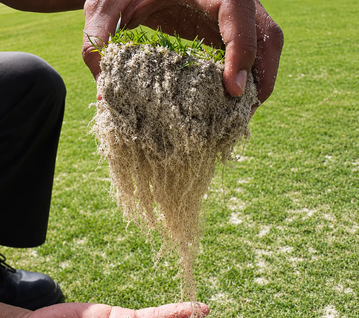Closeup of turf plug with healthy root system.