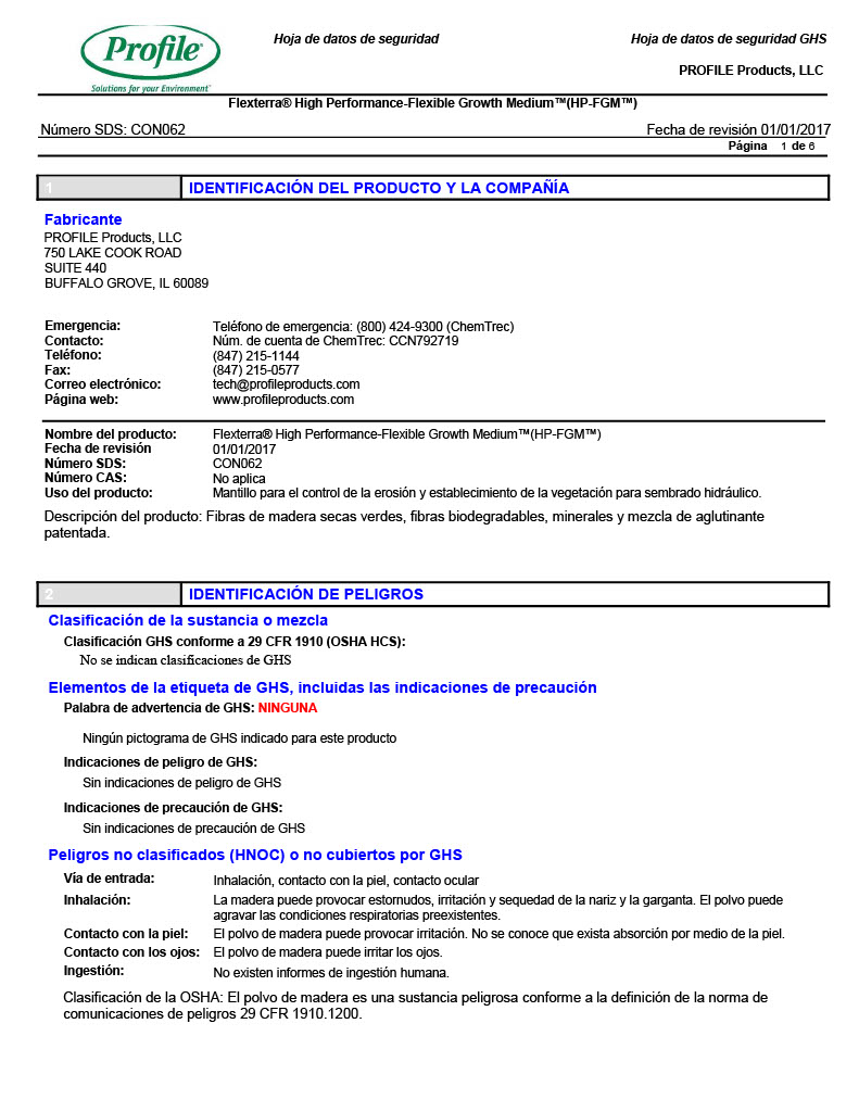 A safety data sheet for Flexterra High Performance-Flexible Growth Medium, listing product ID, company info, hazard classification, signal words, and safety instructions in Spanish, with green and blue headers.