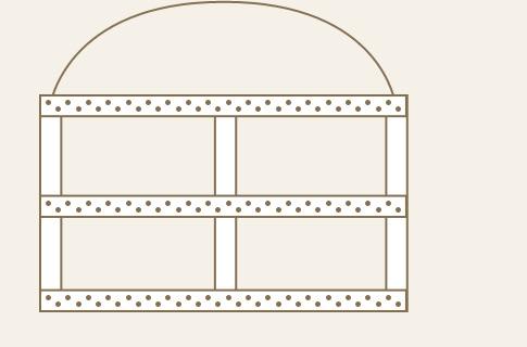 A simple line drawing of a rectangular shelf with three horizontal sections, vertical dividers, and a semicircular arch on top. The shelves have dotted lines along the edges.