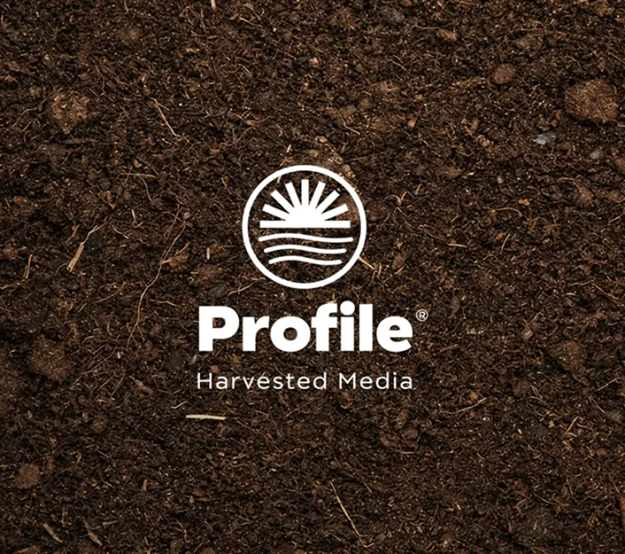 Dark, rich soil background with a white logo at the center showing a stylized sun over lines, reading Profile Harvested Media beneath it.