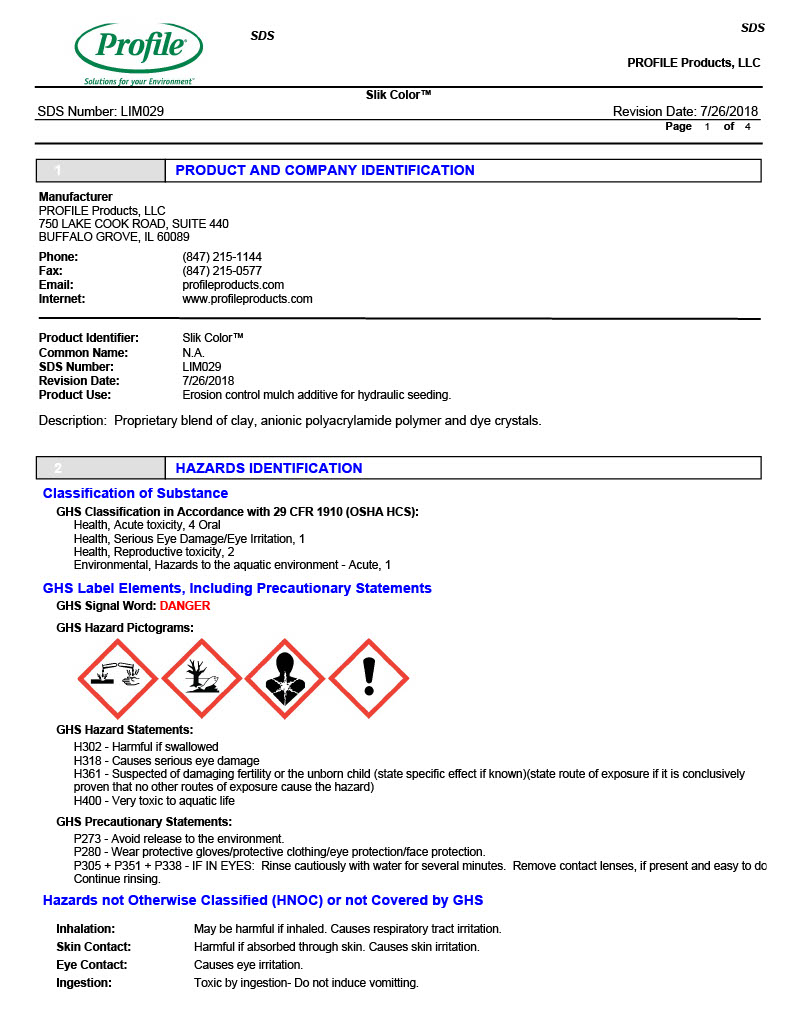 Safety data sheet (SDS) for Silk Color by Profile Products. Includes product identification, hazards, GHS label info, emergency numbers, and warnings for chemical exposure and handling. Document has colored headers and hazard symbols.