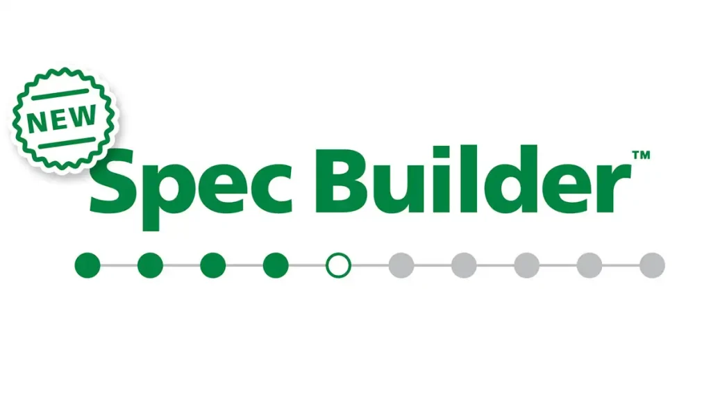 Spec Builder logo with green text, a NEW badge, and a progress bar with circles, some filled, some empty.