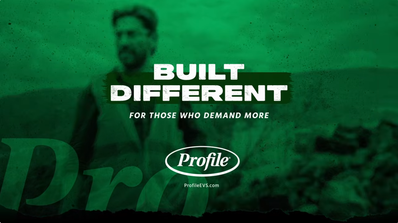 Green ad with BUILT DIFFERENT and For those who demand more text, Profile logo, and a blurred man in background.