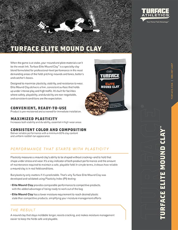 A bag of Turface Elite Mound Clay with product details and benefits listed on a branded information sheet.