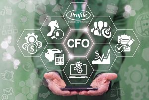 Hands hold a smartphone displaying a CFO infographic, highlighting the Executive Leadership Team.