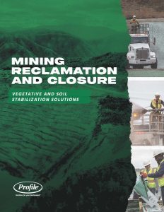 Cover with text about mining reclamation, trucks, workers in safety gear, and green-tinted mine imagery.